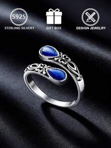 S925 Sterling Silver Vintage Distressed Blue Cat's Eye Stone Open Ring, Vintage Carved Adjustable Band - Silver - View 7
