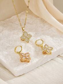1pc Fashion Cubic Zirconia Rotating Clover Stainless Steel Women's Necklace, 1 Pair Fashion Cubic Zirconia Rotating Clover Stainless Steel Women's Earrings, Gold Necklace, Gold Earrings, Stainless Steel Jewelry, Gold Jewelry, Summer, Beach, Vacation Jewelry, Bohemian, Charm, Pride, Western Jewelry, Gift For Women, Gift, Birthday Gift - Yellow Gold - View 6