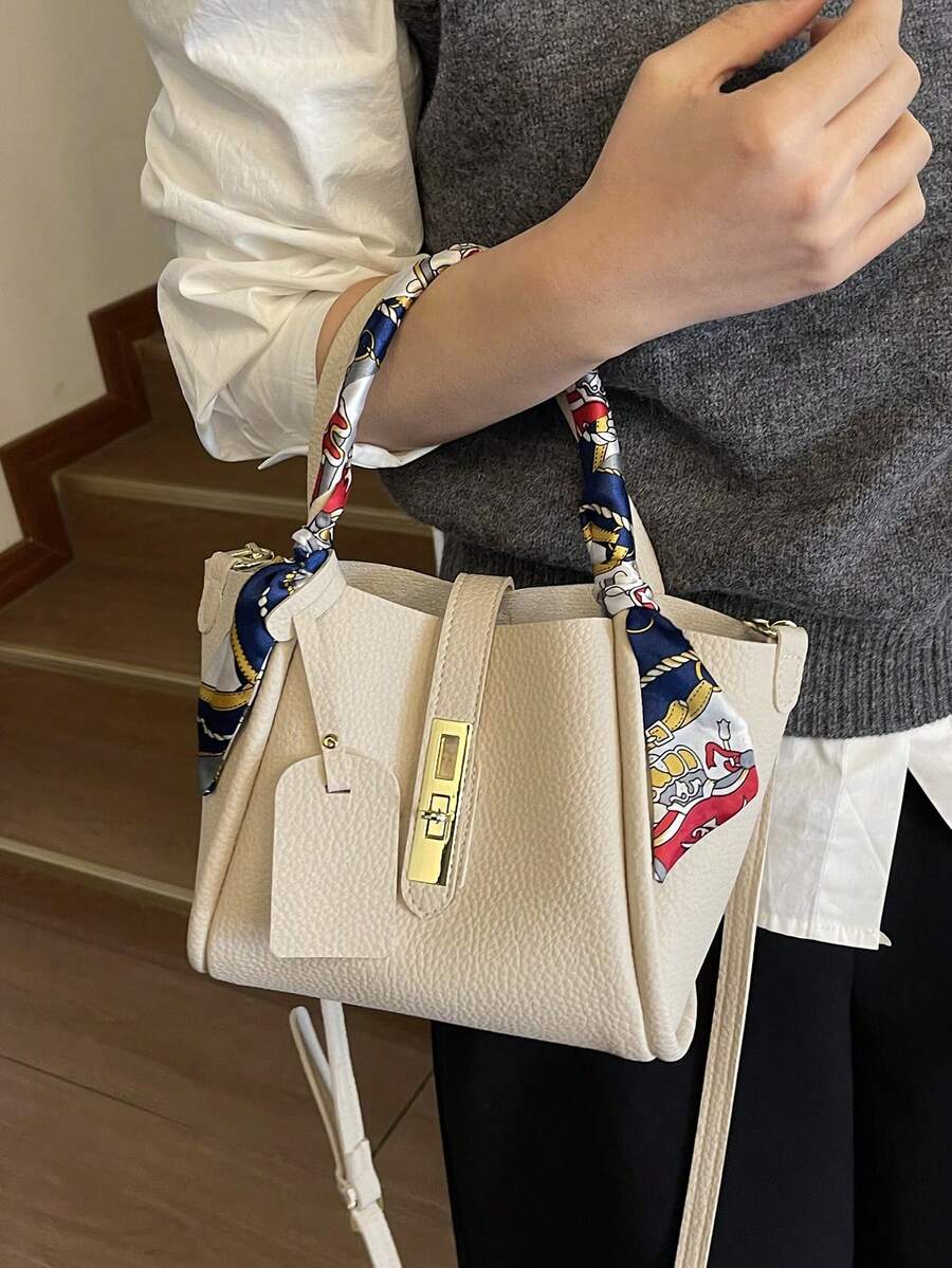 2件組 春季新款時尚PU手提包套裝，附圍巾裝飾，極簡托特包，女款單肩斜挎包，適合女性與女孩，辦公通勤必備