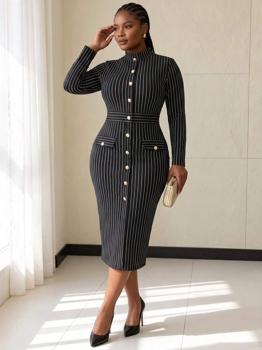 NOU Women's Mid-Length Dress With Small High Neck, Vertical Row Of Multiple Gold Buttons, Faux Pocket Flap With Button, Elastic Striped Fabric - Black and White - View 1