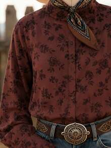 Women's Plus Size Elegant Long Sleeve Floral Print Lapel Button Shirt, Suitable For Autumn Daily Wear And Vacation - Mocha Brown - View 4