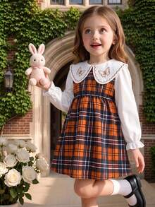 Girls' Spring/Autumn College Style Patterned Dress, Butterfly Embroidered Peter Pan Collar Long Sleeve A-Line Cute Puff Skirt, Casual Daily Back To School Outfit - Mocha Brown - View 5
