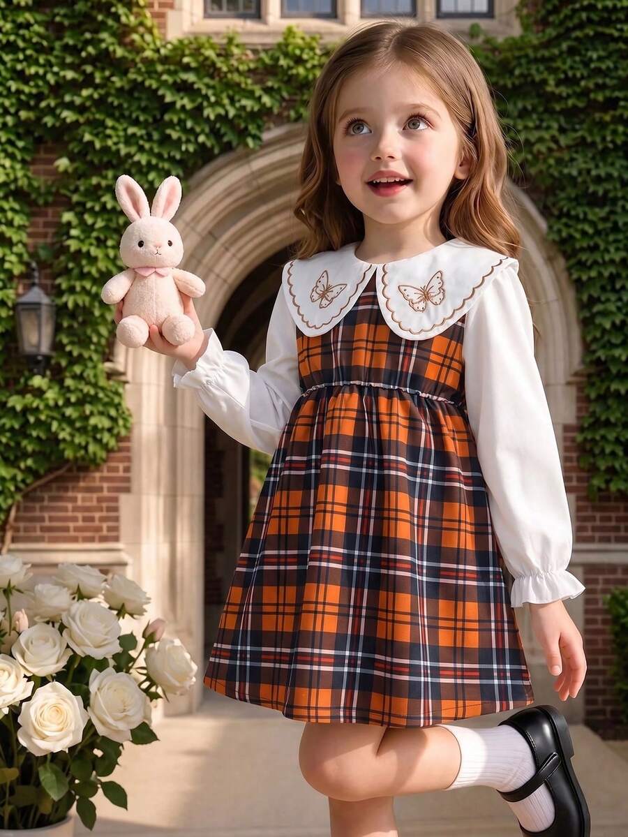 Girls' Spring/Autumn College Style Patterned Dress, Butterfly Embroidered Peter Pan Collar Long Sleeve A-Line Cute Puff Skirt, Casual Daily Back To School Outfit