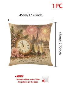 New Year Table Runner, Vintage Pocket Watch Fireworks Castle Champagne Glass Floral Print, Kitchen Dining Room New Year Holiday Tabletop Decoration Table Runner - Multicolor - View 15