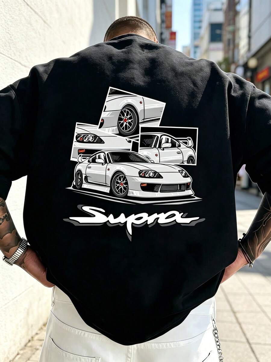 Vintage Black Pure Cotton T-Shirt With Supra Car Graphic, Casual Crew Neck For Men, Spring/Summer, Retro Racing Style, Streetwear - 黑色 - 查看 1