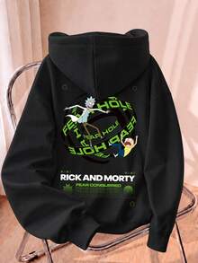 SHEIN X Rick and Morty 1件中性黑色寬鬆連帽衛衣，雙面動漫印花，卡通街頭風秋季款 - 黑色 - 查看 1
