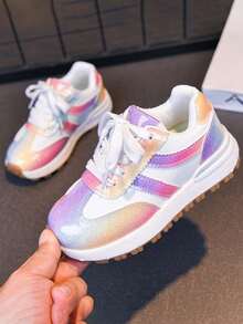 1 Pair Fashion Colorful Gradient Laser Rainbow Thick Sole Outdoor Sports Shoes For Boys And Girls - Pink and Purple - View 1