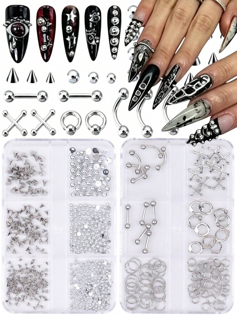 2 Boxes Metal Punk Style Nail Art Decor, Y2K Mixed Metal Cross, Pointed Nail Studs Set, Nail Supplies, Nail Art - Silver - View 1