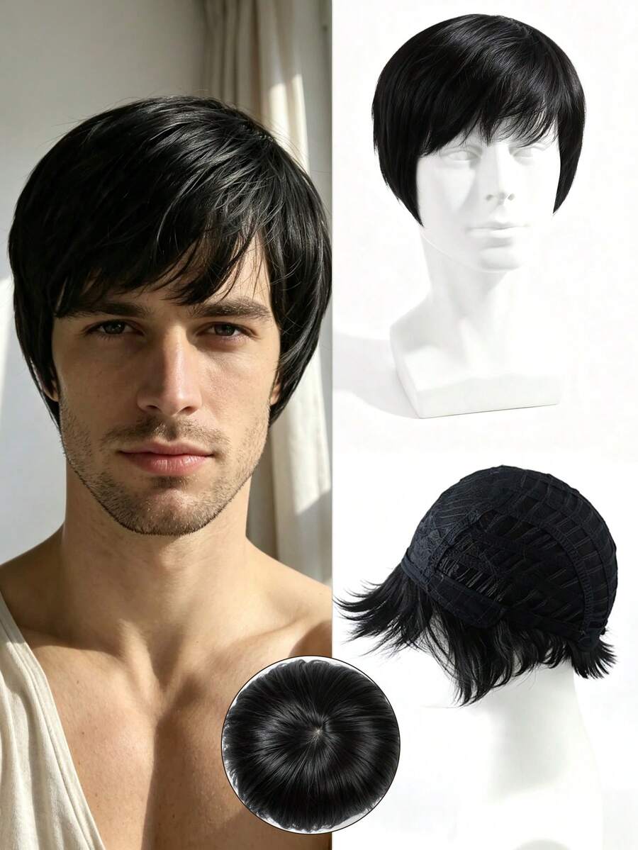 Men Short Layered Wig With Side Fringe, Trimmable Natural Synthetic Heat Resistant Hair Wig, Breathable Wig Cap For Daily Wear & Costume