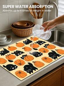 1pc Cat & Pumpkin Pattern Diatom Mud Kitchen Dish Drying Mat, Halloween, Can Be Used As Halloween Gift, Halloween Decoration, Absorbent Dish Drying Mat, Coffee Machine Mat, Dishwashing Mat, Sink Mat, Kitchen Countertop Protector, Suitable For Cups, Plates, Tableware And Kitchen Decor - Multicolor - View 9