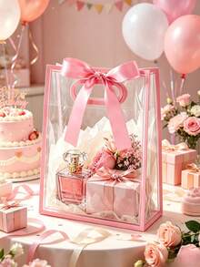 2/12/24pcs Transparent Gift Bags With Pink Trim, Handles And Ribbon Bows, Reusable PP Gift Bags Suitable For Cosmetics And Gifts, Perfect For Graduation, Wedding, Bridal Shower, Birthday, Party - Multiple Styles - View 11
