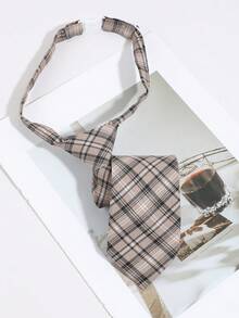 1pc Women's Casual Versatile Plaid Diamond Pattern Tie-Free Collar - Khaki Hand-knitted - View 2
