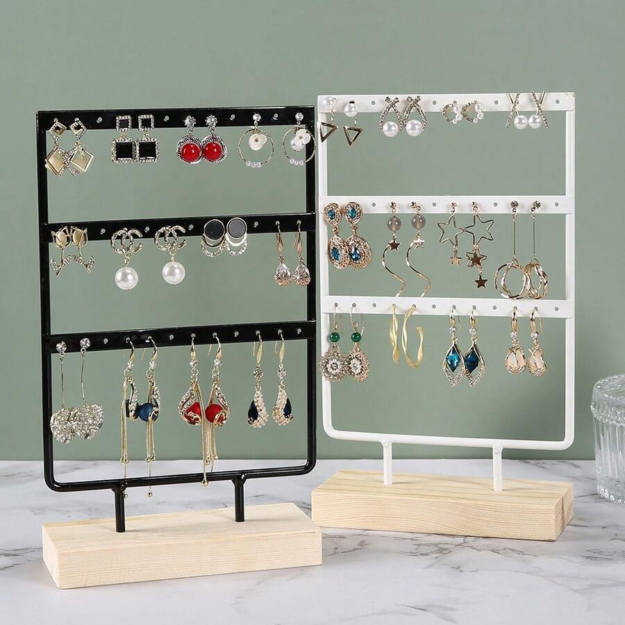 Iron Earring Storage Rack With Wooden Base, Multi-Layer Earring Display Stand, Home Jewelry Hanging Rack And Display Holder - Multicolor - View 1