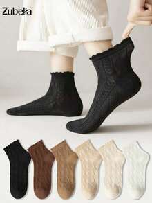 6 Pairs Women's Wood Frill Trim Socks, Spring/Autumn Mid-Calf Solid Color Short Socks, Stacked Socks, Seamless White Socks, Soft Comfortable Fashion Sweet, Suitable For Home, Outings, Sports, Various Occasions - Multicolor - View 7