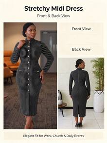 NOU Women's Mid-Length Dress With Small High Neck, Vertical Row Of Multiple Gold Buttons, Faux Pocket Flap With Button, Elastic Striped Fabric - Black and White - View 7
