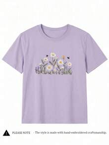 鮮豔向日葵刺繡設計，花卉印花春夏女款大尺碼圓領短袖休閒T恤，波希米亞風 - 紫色 - 查看 3
