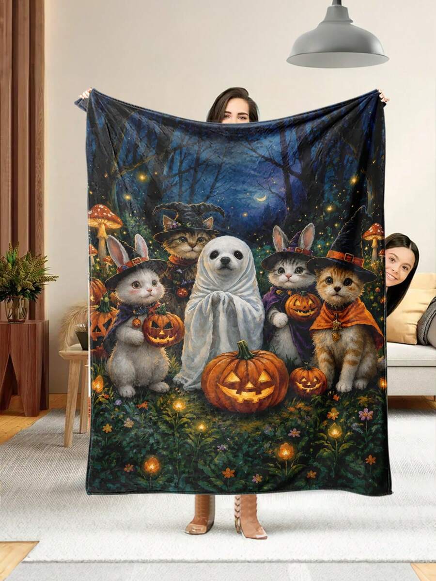 1pc Soft And Comfortable Halloween Flannel Blanket, 2D Printed Blanket For Office Nap, Sofa And Bed Decor, Outdoor Camping Leisure Blanket, Suitable As Gift For Family And Friends - Multicolor - View 1