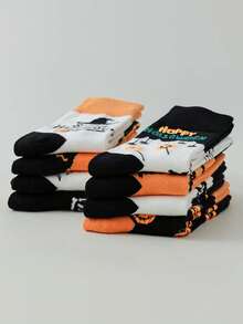 Random 3/5/7 Pairs New Halloween Cartoon Print Mid-Calf Socks, Ghost Skeleton Spider Pattern, Holiday Party Atmosphere Casual Socks - Multicolor - View 3