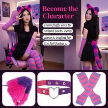 Halloween Cat Costume Accessory Set, Includes Fluffy Tail, Ear Headband, Faux Leather Collar, Suitable For Cosplay - Pink Purple Stripes - View 10