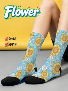 酷炫 360° 印花男士襪子－街頭風襪子，向日葵雛菊、復古花卉、鄉村風、繽紛趣味，適合日常、假期與派對場合 - 淺藍色 - 查看 1