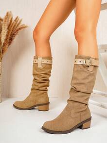Women's Faux Suede Tall Boots With Buckle, Chunky Heel, Western Style, Ruched Stacked Boots, Commuter Boots - Khaki - View 6