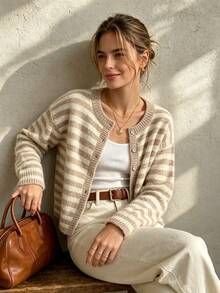 Women's Round Neck Contrast Color Striped Button Soft Casual Fashion Versatile Knit Long Sleeve Cardigan Sweater, Daily Vintage Street Style - Multicolor - View 10