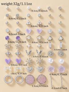 30 Pairs Elegant Minimalist Heart Star Colorful Bow Flower Stud Earrings Set For Women, Suitable For Casual Daily Wear, Vacation, Holiday Gift - Silver - View 7