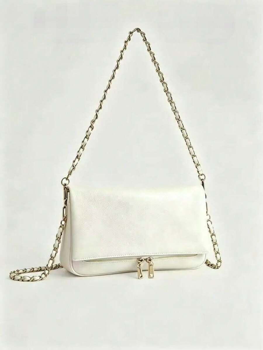 Winter New Classic PU Waterproof Leather Grain Long Shoulder Bag Crossbody Bag, Asymmetrical Flap Design Wallet, Suitable For Women Daily Shopping - White - View 1