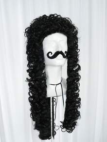 Black Long Curly Pirate Costume Wig Set, Historical Colonial Curly Wig With Fake Handlebar Mustache, Men Cosplay Wig For Halloween Theme Party Dress‑Up Role Play - Multicolor - View 6