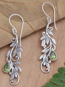 1 Pair Vintage Bohemian Style Vine Carved With Green Teardrop Rhinestone Pendant Earrings, Suitable For Women's Daily Wear, Travel, Party, Personalized Jewelry Gift - Silver - View 1