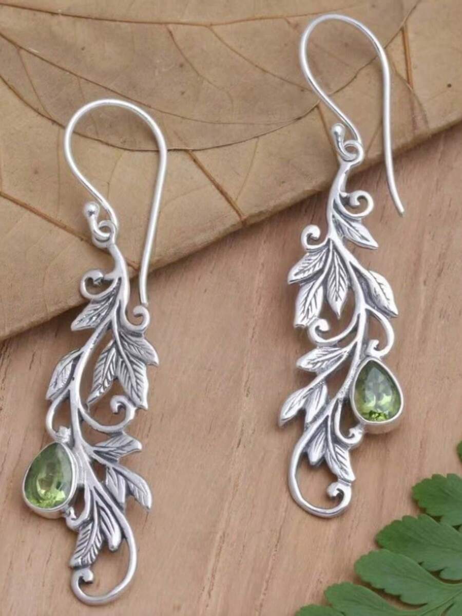 1 Pair Vintage Bohemian Style Vine Carved With Green Teardrop Rhinestone Pendant Earrings, Suitable For Women's Daily Wear, Travel, Party, Personalized Jewelry Gift - Silver - View 1