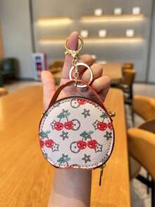 1pc New Fresh Floral Print Mini Round Handbag With Metal Chain, Crossbody Storage Pouch With Zipper And Key Ring, Cute Versatile Creative Mini Bag For Girls, Can Be Carried Alone Or Hung On Large Bag - Apricot - View 9
