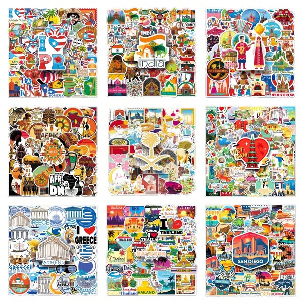 50pcs Travel Scenery In Puerto Rico/ Vietnam/ Thailand/ Russia/ Africa/ California/ Middle East/ India/ Greece Stickers, Vinyl Sticker For Laptop Water Bottle Guitar Bike Car Motorcycle Bumper Luggage Skateboard Graffiti, Best Gift For Men,Women.