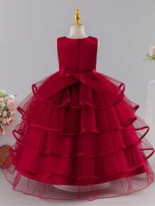 Girls' Embroidered Long Puff Princess Dress, Girls' Dress For Wedding, Birthday, Evening Party, Holiday Gathering, Piano Performance, Formal Occasion - Red - View 5