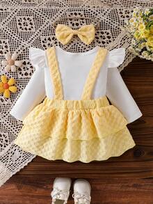 Baby Girl Gentle Princess 3-Piece Outfit Set: Ruffle Flutter Sleeve Ribbed Long Sleeve Inner Top + Double-Sided 3D Big Bow Decor Plaid Double Layer Cake Bustier Strap Dress + Matching Same Color Bow Hair Accessory Set - Yellow - View 3