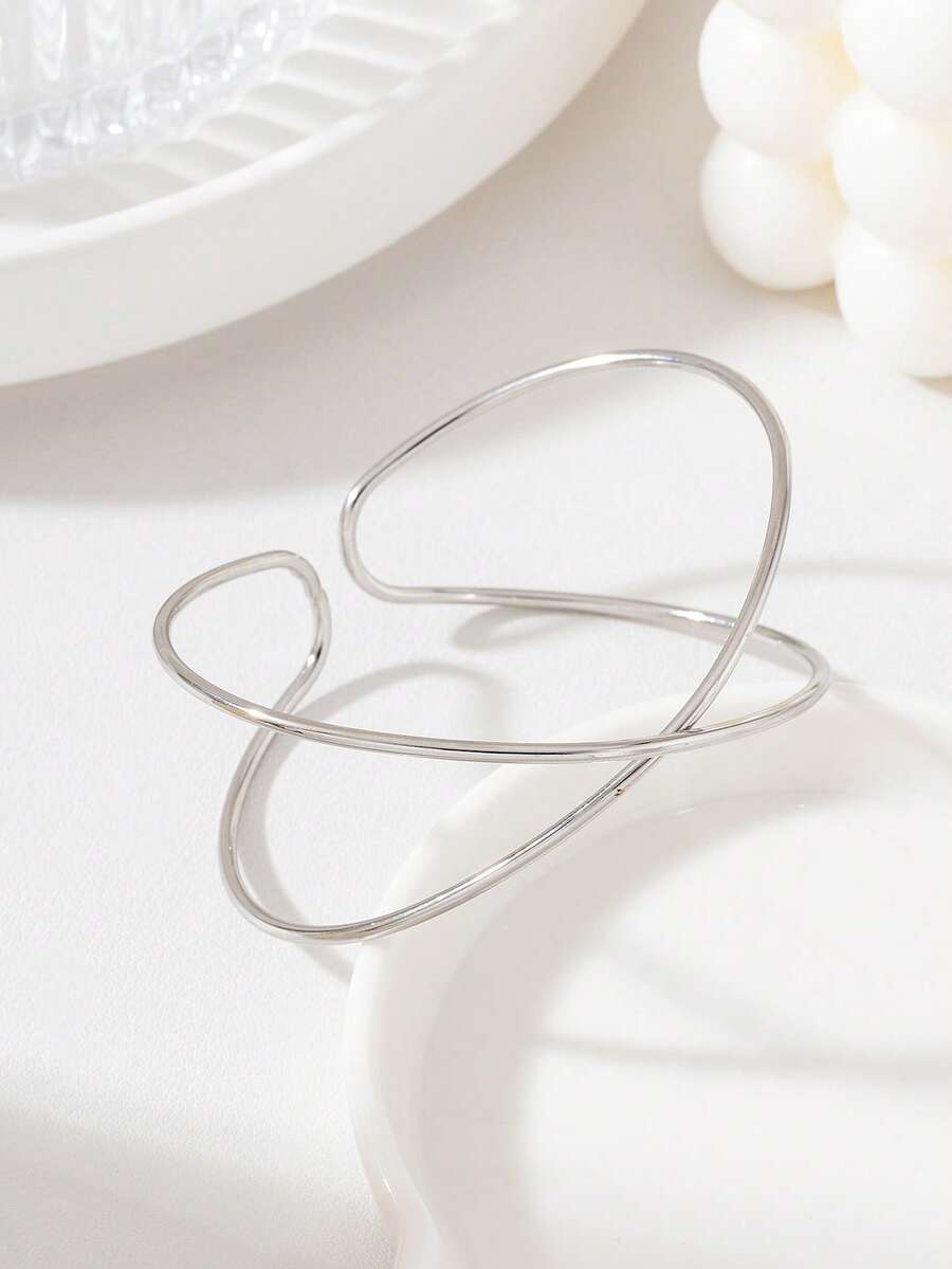 1pc Minimalist Body Arm Cuff, New Fashion Gold Double Layer Line Adjustable Arm Ring, Women Beach Vacation Gift - Silver - View 1