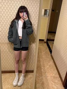 Women's Gray Double Zipper Cardigan Patchwork Plaid Hooded Sweater Jacket, Loose Lazy Design Top For Spring And Autumn - Grey - View 4