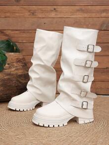 Women's Loose Ruched Stacked Boots With Multiple Buckle Design, Thick Sole Height-Increasing Riding Boots, White Retro Tall Boots - White - View 7
