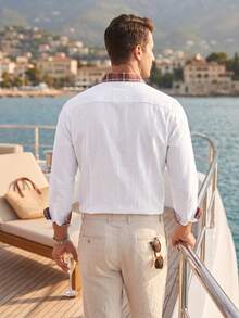 Men's Old Money Style Colorblock Trim Long Sleeve Shirt, Quiet Luxury Linen Blend Button-Up Top - White - View 4