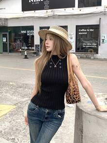 女款春夏/秋冬黑色修身針織無袖背心上衣，百搭設計，顯瘦修身外穿夏季款 - 黑色 - 查看 6
