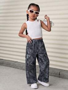 Girls' American Style Grey Camouflage Cargo Casual Wide Leg Pants, Street Dance Versatile Woven Long Pants - Black - View 4