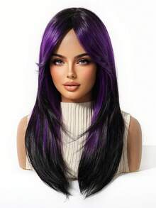 Topshe 20 Inch Black With Purple Highlights Straight Layered Wig, Face-Framing Curtain Bangs, Synthetic Hair, Natural Silky Straight Texture, Heat-Resistant Fiber, Adjustable Breathable Wig Cap, Avant-Garde Deep Purple Highlights Wig, Suitable For Gothic Style Cosplay And Party Looks - Purple - View 5