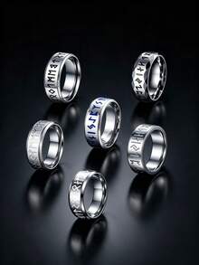 6pcs 8mm Silvery Vintage Viking Rune Stainless Steel Men's Rings, Unisex Jewelry Accessories, Special Couple Rings, Jewelry Suitable For Daily Parties - Silver - View 4