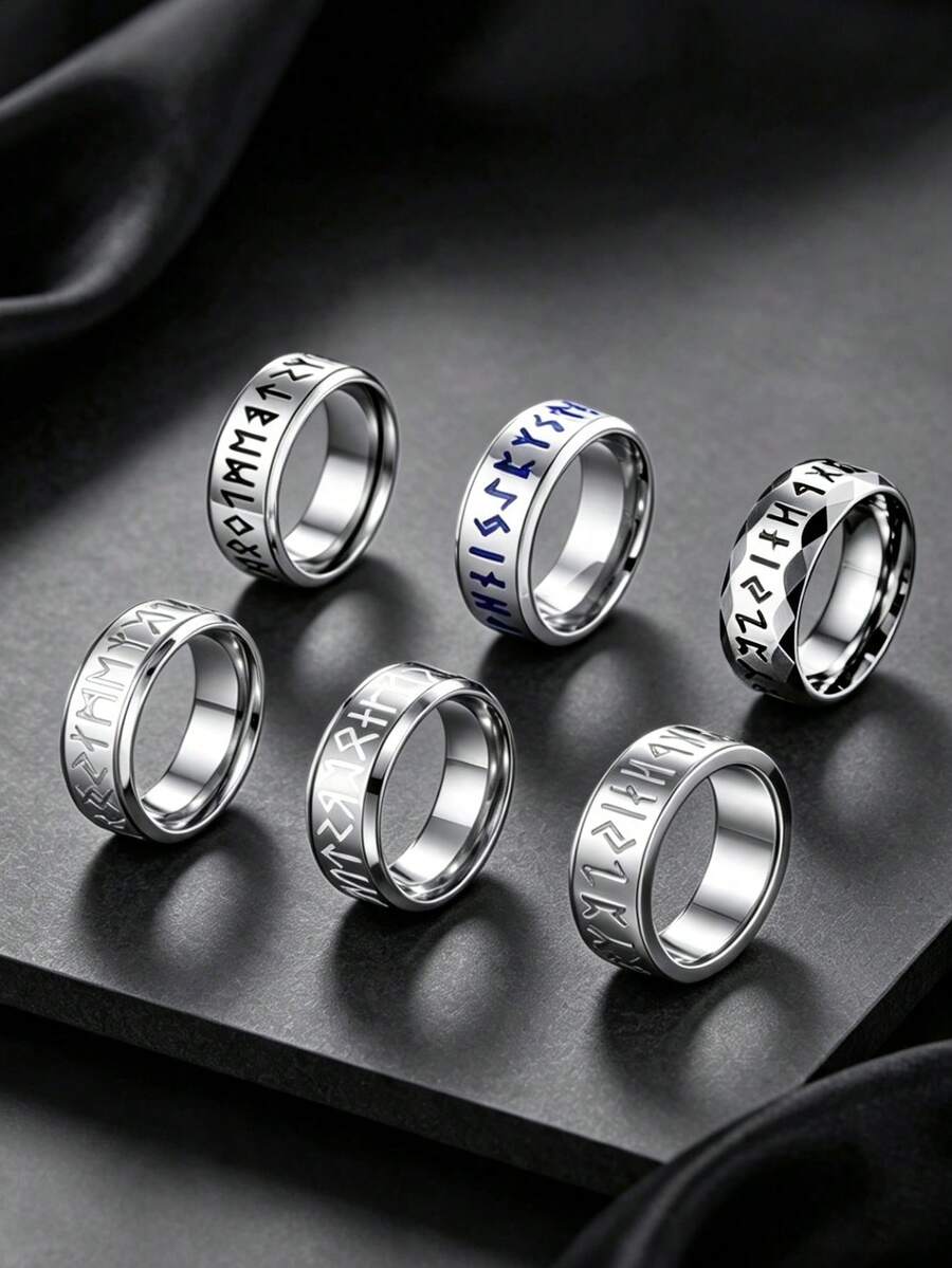 6pcs 8mm Silvery Vintage Viking Rune Stainless Steel Men's Rings, Unisex Jewelry Accessories, Special Couple Rings, Jewelry Suitable For Daily Parties - Silver - View 1