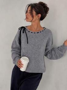 Wixra Women's Off Shoulder Long Sleeve Knit Sweater Contrast Stitch Neck Tie Bow Pullover Top - Grey - View 4