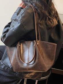 Metal Hardware Buckle Decor, Large Capacity Multi-Item Storage Magnetic Closure Minimalist Commuter Style Tote Bag, Suitable For Office Workers Daily Commute, Work, Shopping, Business Travel And Versatile Matching - Coffee - View 5