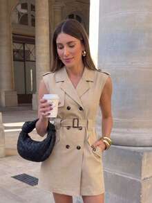 Jaket Trench Coat Double-Breasted Warna Polos Elegan dengan Sabuk untuk Kantor - Khaki - View 4
