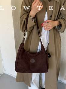 low tea 1pc Minimalist Crescent-Shaped Suede Fabric Shoulder Bag, Adjustable Strap, Suitable For Commuting, Shopping, Etc. - Coffee - View 13