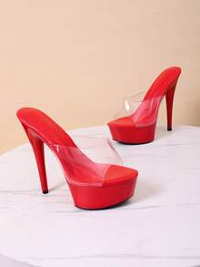 Transparent Single Strap Solid Color Nightclub Style PVC Sequin 2026 High Heel Shoes Party Summer - Red - View 3