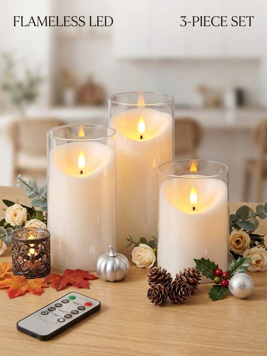 Transparent Flameless Candle, Battery Operated 3D Wick Flickering LED Pillar Candle, Suitable For Dinner, Wedding, Holiday, Halloween, Christmas Decoration, Battery Not Included - White - View 1